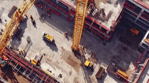 Aerial View of Active Construction Site with Cranes and Workers