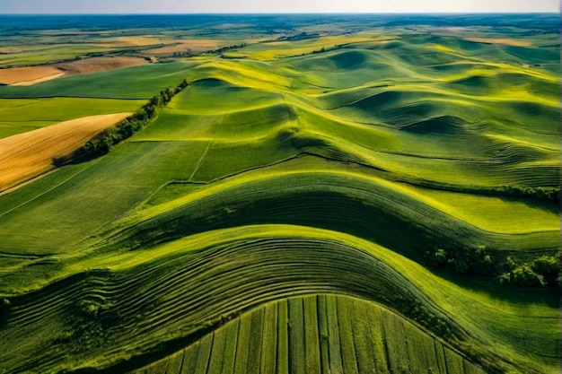 Aerial view of agricultural area with green fields in sunny summer day Aerial photo top view drone of beauty of earth Agricultural wallpaper concept Copy ad text space Generative Ai illustration