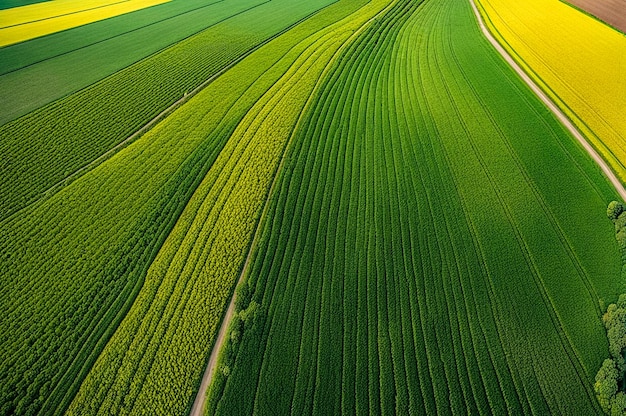 Aerial view of agricultural area with green fields in sunny summer day Aerial photo top view drone of beauty of earth Agricultural wallpaper concept Copy ad text space Generative Ai illustration