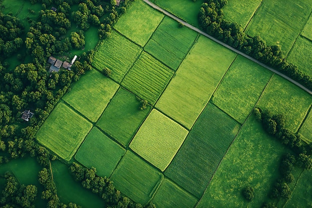 Photo aerial view of agricultural land division property lines and farmland planning in a rural landscape