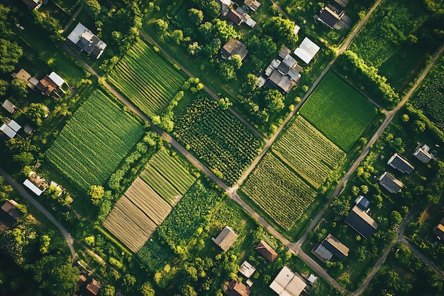 Photo aerial view of agricultural land division property lines and farmland planning in a rural landscape