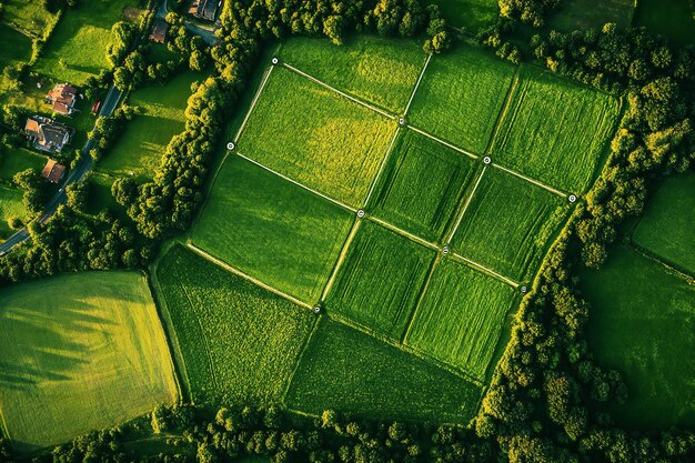 Photo aerial view of agricultural land division property lines and farmland planning in a rural landscape