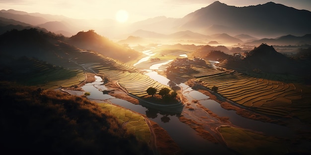 aerial view agriculture with ricefield and mountain at sunrise