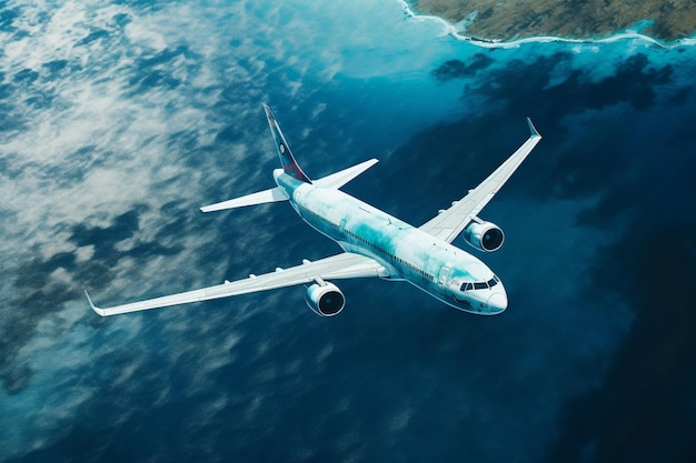 Aerial view of airplane flying over sea