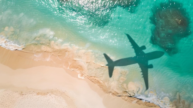 Aerial view of airplane shadow over clear beach Perfect for travel websites AI