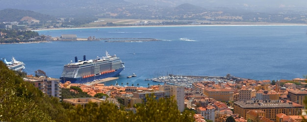 Aerial view of Ajaccio with cruise ship in the background Corsica island France