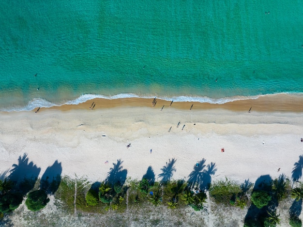 Aerial View Amazing beach with travel people relaxation on the beachBeautiful sea in summer season at Phuket island ThailandTravel people on beachBeach during summer with many resting people