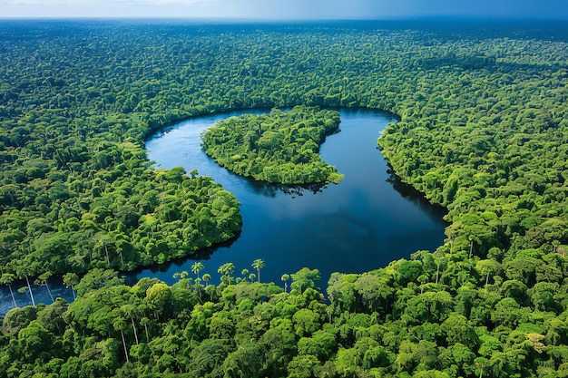 Aerial view of the amazon rainforest and river with lush green trees surrounding it the water is a