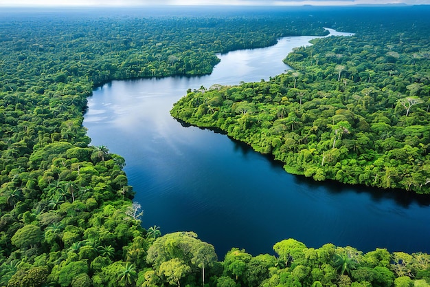 Aerial view of the amazon rainforest and river with lush green trees surrounding it the water is a