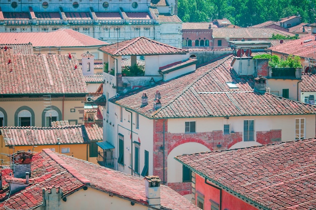 Aerial view of ancient building with red roofs in Lucca