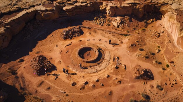 An aerial view of the ancient Native American ruins at Chaco Canyon New Mexico