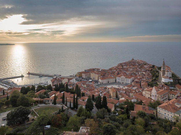 Aerial view of the ancient town of Piran Slovenia