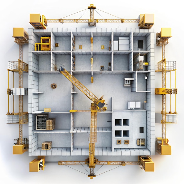 Photo aerial view of animated construction site with cranes and layout plan details generative ai