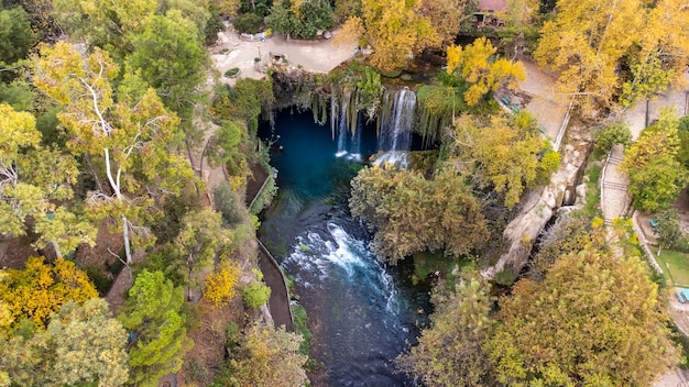 Aerial view of Antalya Duden waterfall with drone.