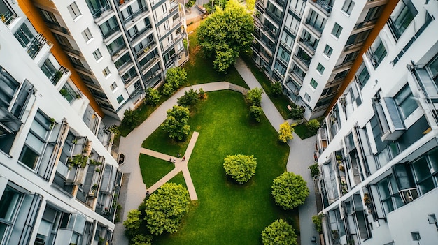 Photo aerial view of an apartment complex with a green space and walkways