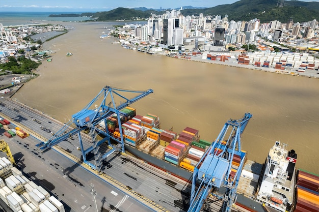 Aerial view of APM Terminals Navegantes SC Brazil and its urban surroundings