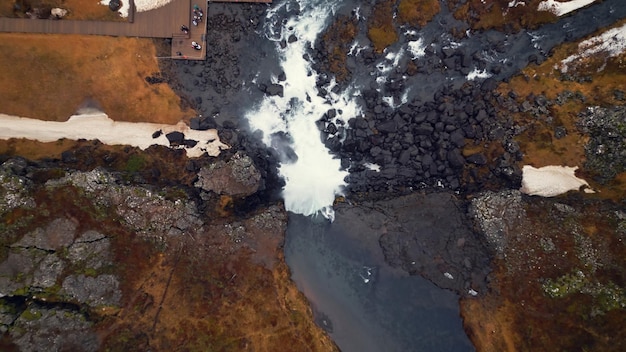 Aerial view of arctic oxarafoss cascade