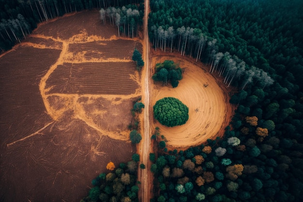 Aerial view of an area of deforestation generative ai