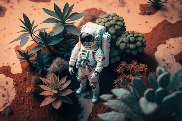 Aerial view Astronaut found a plants on Mars