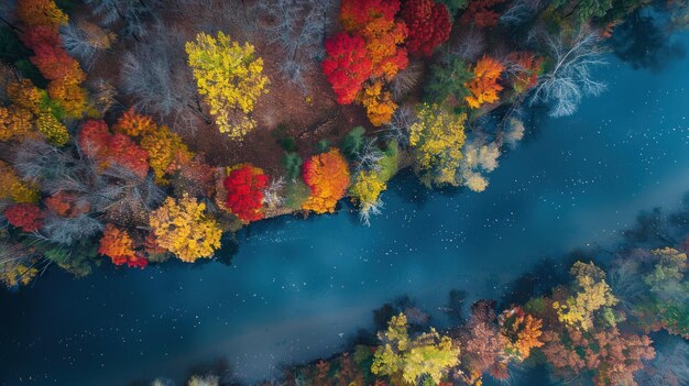 Aerial View of Autumn Forest and River