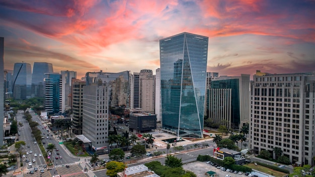 Aerial view of Avenida Brigadeiro Faria Lima Itaim Bibi Iconic commercial buildings in the background With mirrored glass