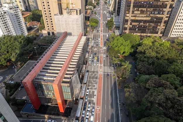 Aerial view of Avenida Paulista Paulista Avenue and MASP in Sao Paulo city Brazil