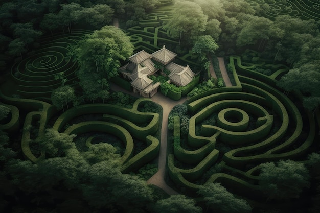 Aerial view of bamboo forest with winding pathways and hidden temples