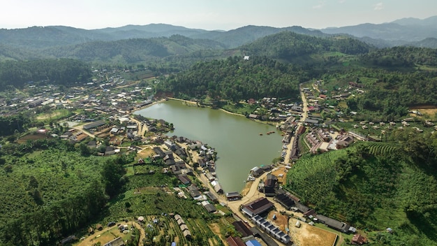 Aerial view of Ban Rak Thai village chinese style hotel and resort famous tourist attractions