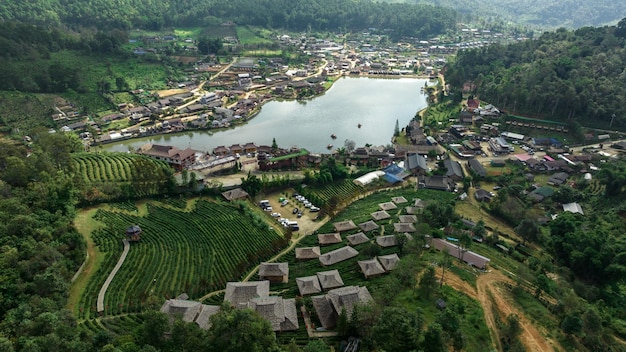 Aerial view of Ban Rak Thai village chinese style hotel and resort