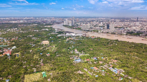 Aerial View of Bangkok skyline and view of Chao Phraya River 