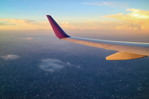 Aerial view of Bangkok, Thailand, with building in big city, evening sky