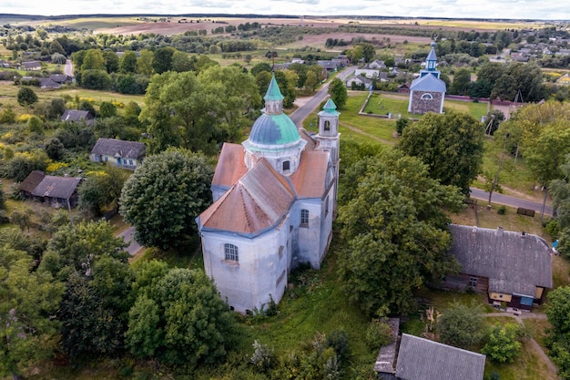 Aerial view on baroque temple or catholic church in countryside