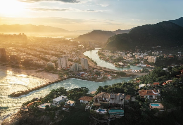 Aerial view of Barra da Tijuca Joa and Barra breakwater Rio de Janeiro Brazil