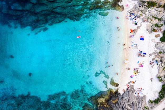 Aerial view on the beach and azure sea Beach and sea from air Place for resting Summer seascape from drone Croatia landscape Travel image