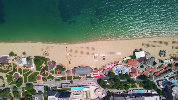 Aerial view of the beach and hotels in Golden Sands Zlatni Piasaci Varna Bulgaria