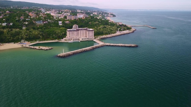 Aerial view of the beach and hotels in Golden Sands Zlatni Piasaci Varna Bulgaria