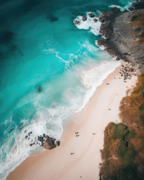 An aerial view of a beach with a blue ocean and white generative ai