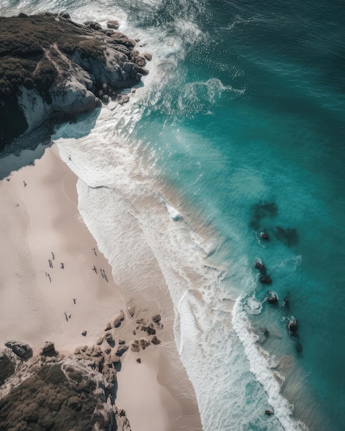 An aerial view of a beach with a blue ocean and white generative ai