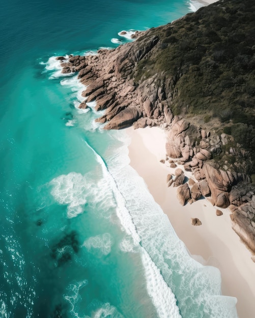 An aerial view of a beach with a blue ocean and white generative ai