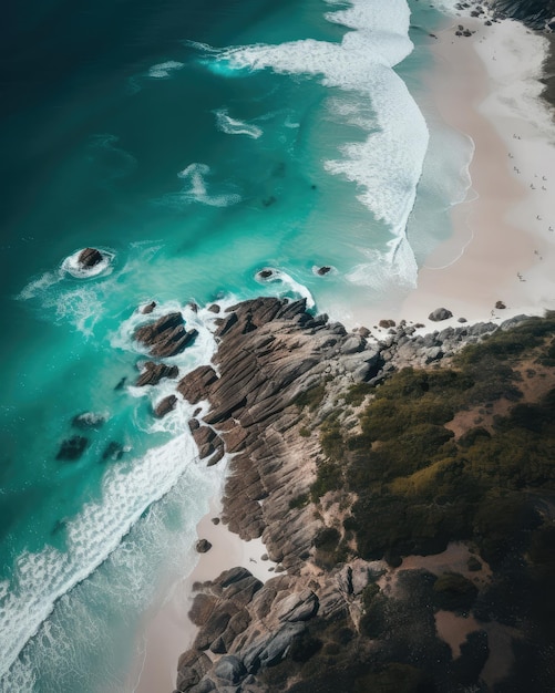 An aerial view of a beach with a blue ocean and white generative ai