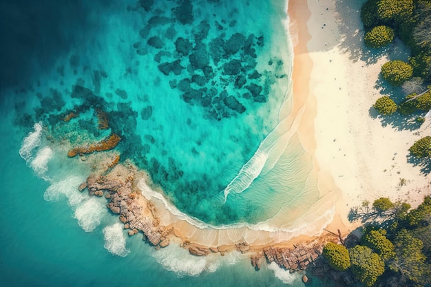 An aerial view of a beach with a blue water and a white sand beach