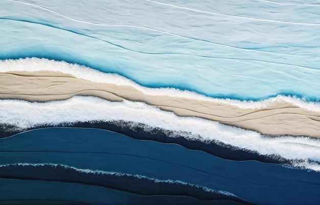 An aerial view of a beach with a blue and white ocean water.