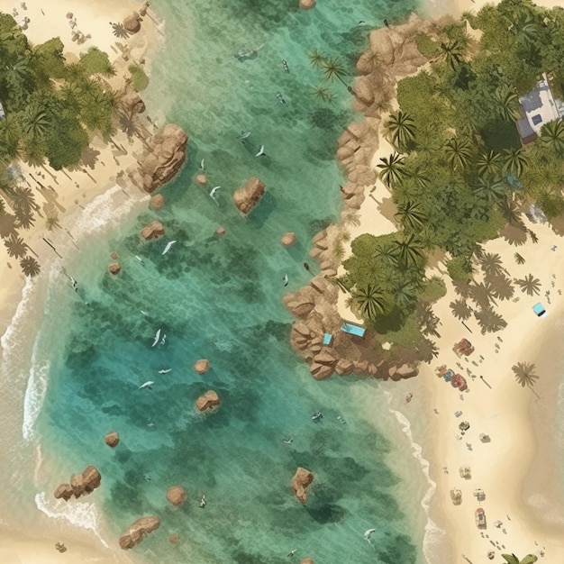 Aerial view of a beach with a boat and several people generative ai