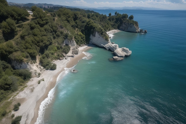 An aerial view of a beach with a boat in the water generative AI