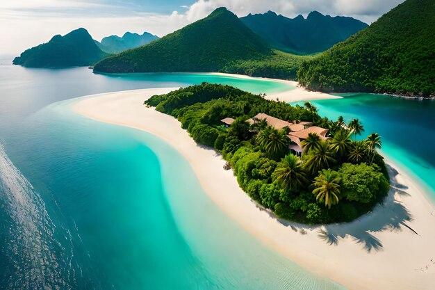 aerial view of a beach with a house and mountains in the background.