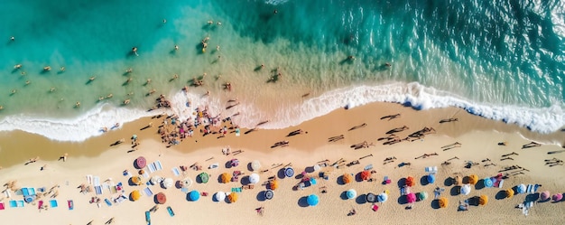 An aerial view of a beach with people on it and the ocean in the background.