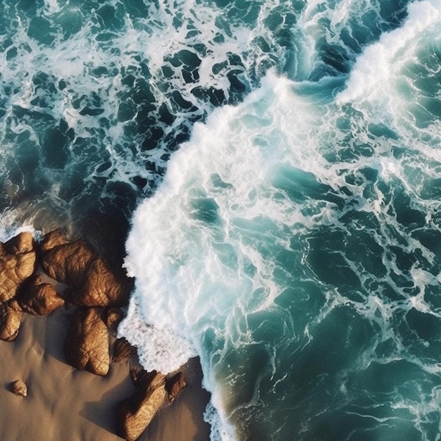 Aerial view of a beach with rocks and waves crashing on the shore generative ai