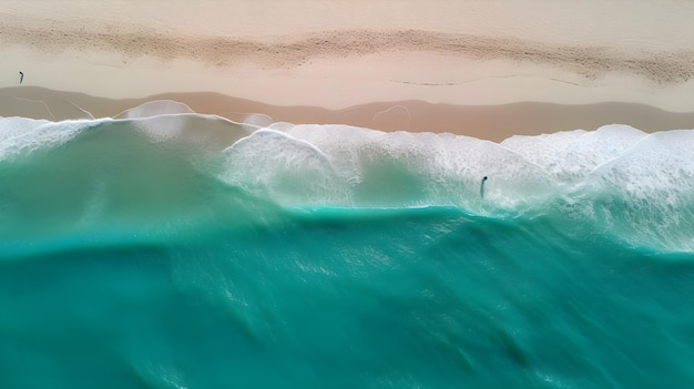 Aerial view of a beach with a surfer on the water