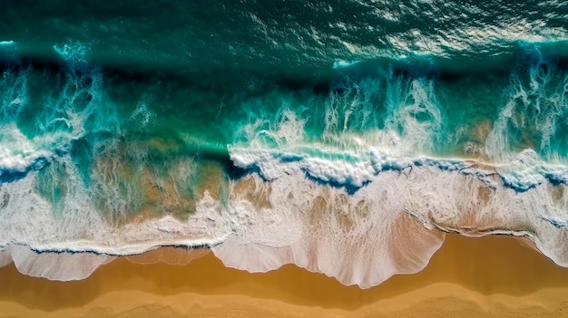 An aerial view of a beach with turquoise water and a blue ocean.