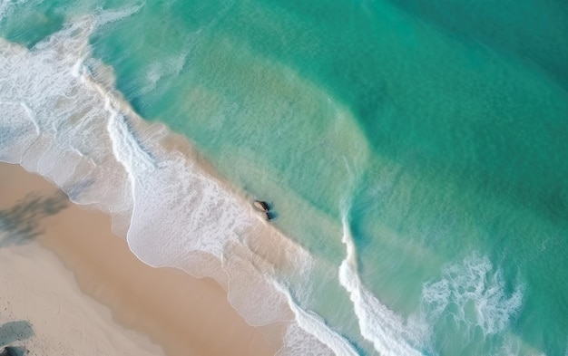 An aerial view of a beach with a turquoise water and white sand.